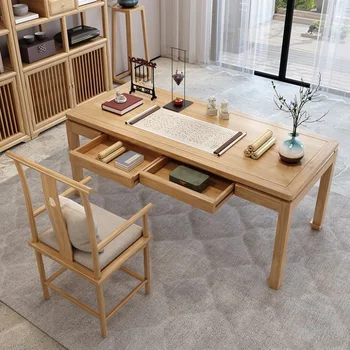 Новый письменный стол из массива дерева в китайском стиле, прямоугольная комбинация столов и стульев, простой письменный стол для совещаний и переговоров в офисе.