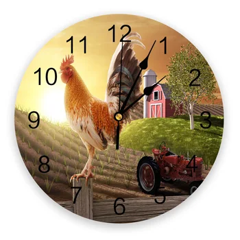 Декоративные Круглые настенные часы Rooster Farm Tractor с арабскими цифрами, не тикающие настенные часы большого размера для спален и ванной комнаты