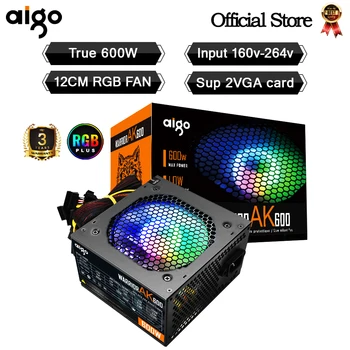 Блок Питания Aigo AK 600W PC PSU Черный Игровой Бесшумный 120-мм rgb Вентилятор 24pin 12V ATX Для настольного компьютера для BTC