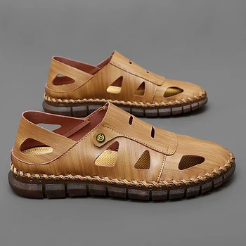 Кожаные мужские сандалии, летние удобные дышащие повседневные кроссовки, люксовый бренд, уличная дизайнерская обувь из воловьей кожи для вождения, пляжная обувь