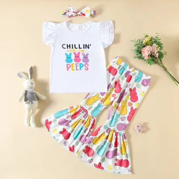 Пасхальные Комплекты одежды для маленьких девочек с развевающимися рукавами, топы с надписью 