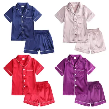 Летняя детская пижама из 2 предметов для мальчиков и девочек, шелковые атласные шорты, топы с рукавами + шорты, Пижамный комплект, Атласная ночная рубашка на пуговицах, пижамы