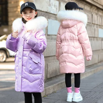 Зимняя длинная куртка из искусственного белого меха для девочек, 90% Утиный пух, теплое пальто с большим карманом, детская повседневная однотонная верхняя одежда с капюшоном XMP150