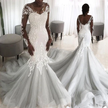 Африканский кружевной халат de soiree с иллюзией спины, свадебное платье русалки, модные свадебные платья принцессы с длинным хвостом и рукавами