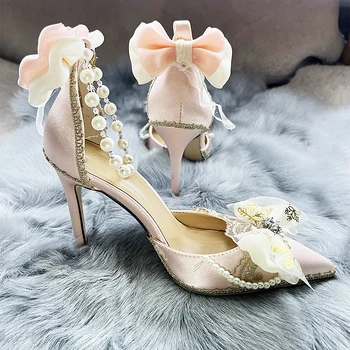 Оригинальная невеста, Винтажная свадьба в стиле Лолиты с цветами, чаепитие на высоких каблуках, Цветочный галстук-бабочка с острым носком, Женская обувь, свадебные туфли