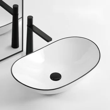 Простая раковина на платформе в скандинавском стиле, керамические раковины для ванной комнаты с черными краями, бытовая раковина для мытья посуды, умывальники для одной ванной комнаты, Небольшой балкон