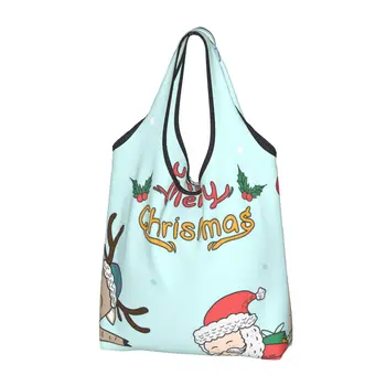 Рождественские элементы Мультфильмы Женская повседневная сумка для покупок через плечо, сумка-тоут большой емкости, портативная сумка для хранения, складные сумки