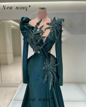 Шикарные сексуальные темно-зеленые вечерние платья из атласа с длинными рукавами, особый дизайн, блестящие атласные платья для выпускного вечера с 3D аппликацией из бисера для девочек
