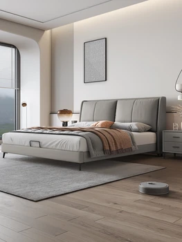 Итальянская минималистичная кожаная кровать, легкая роскошная кожаная кровать, двуспальная кровать 2022, новая современная простая кожаная кровать с высокими ножками
