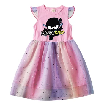 Платье NINJA KIDZ, детская летняя юбка с коротким рукавом, сетчатые повседневные платья для маленьких девочек, кружевные платья принцессы для вечеринок