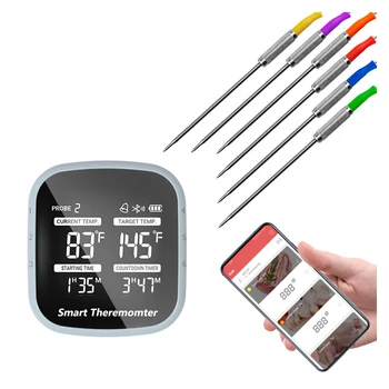 Цифровой термометр, кухонный термометр для барбекю, 6 датчиков с цветовой кодировкой, таймер приготовления мяса на гриле, Bluetooth, Беспроводное управление приложением