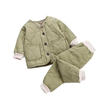Новая зимняя детская утепленная одежда, осенняя хлопковая куртка для мальчиков и девочек, штаны, 2 шт./компл., повседневные спортивные костюмы для малышей