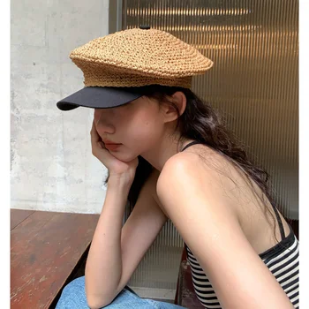 Французские романтические соломенные береты ручной работы, весенне-летние каникулы, индивидуальное вязание крючком, восьмиугольные темно-синие шляпы для женщин