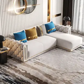 110-Дюймовый современный угловой бежевый секционный диван Loveseat с шезлонгом и подлокотником с ворсом