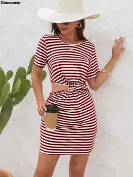 Женское повседневное полосатое платье-футболка с коротким рукавом, сексуальное летнее пляжное платье в стиле бохо с круглым вырезом, облегающее короткое мини-платье