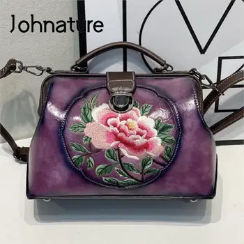 Johnature 2023 Новая Винтажная сумочка с вышивкой, женская кожаная сумка, Универсальные Красивые цветы, женские сумки через плечо большой емкости