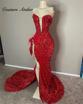 Выпускные платья с красными перьями и блестками 2023 для чернокожих девушек, коктейльное платье Русалки с разрезом, Элегантные вечерние платья vestidos de gala