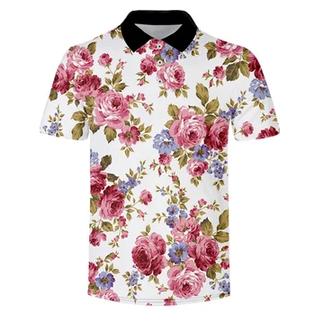 Модная мужская летняя рубашка-поло с 3D-принтом в виде цветочной розы, унисекс, Harajuku, Уличный досуг, спортивная футболка с коротким рукавом, топ