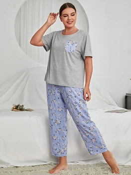 Женский пижамный комплект больших размеров с длинными штанами и коротким рукавом, 2 предмета, XL-4XL, дышащая пижама, повседневный домашний костюм с цветочным принтом для отдыха