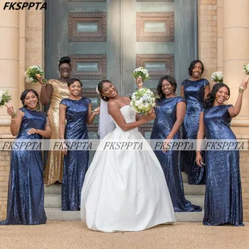 Темно-синие Длинные Платья подружек невесты оптом для чернокожих женщин 2021, блестящие платья подружек невесты с пайетками Русалки, вечерние платья Плюс Размер