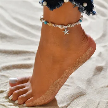 VAGZEB Новые женские ножные браслеты из ракушечных бусин серебристого цвета с морской звездой, пляжный браслет для ног ручной работы, богемная цепочка для ног, Бохо Ювелирный подарок