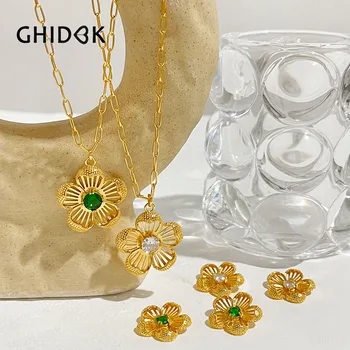 GHIDBK 18 К Позолоченная Цепочка Для Скрепок Белый Зеленый Cz Циркон Цветочный Кулон Ожерелье Серьги Комплект Ювелирных Изделий для Женщин Подарки