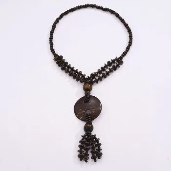 Винтажное ожерелье HONGYE с подвеской из черных деревянных бусин, ожерелье на длинной цепочке для женщин, падающий диск, кисточка из деревянных бусин, женское украшение