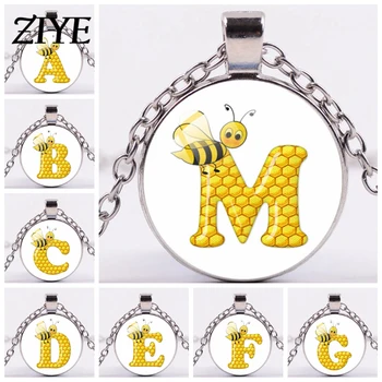 Милое ожерелье в виде пчелиных сот, мультяшная начальная буква A-Z, художественное фото, ожерелье с подвеской в виде стеклянного кабошона для подростков, подарок ювелирных изделий для детей