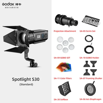 Фокусирующий светодиодный фотографический прожектор Godox S30 мощностью 30 Вт с непрерывной регулировкой освещенности с дверью сарая для профессиональной фотосъемки