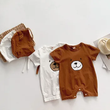Новый корейский летний комбинезон для маленьких мальчиков с коротким рукавом и медведем, однотонный хлопковый комбинезон с круглым вырезом, шапка для новорожденных, боди для маленьких мальчиков, одежда
