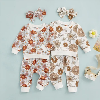 Комплект Одежды из 3 предметов для новорожденных девочек, пуловер с длинными рукавами и круглым вырезом с цветочным принтом + брюки с эластичной резинкой на талии + повязка на голову