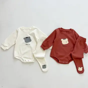 Осенняя одежда для новорожденных мальчиков и девочек, хлопковый комбинезон с длинными рукавами и принтом Медведя, комбинезон, брюки с эластичной резинкой на талии, леггинсы для 0-3 лет