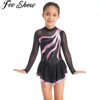 Детское платье для фигурного катания со стразами с длинным рукавом, лоскутное балетное гимнастическое трико, танцевальная одежда, костюмы для соревнований