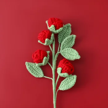 Ручной вязки крючком Букет из веток роз с несколькими головками для декора свадебной вечеринки Вязаные цветы Цветы невесты Моющиеся искусственные розы