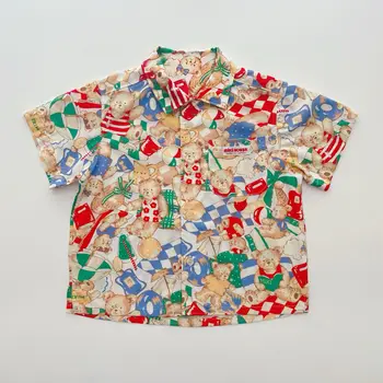 Детская одежда Лето 2023, новая хлопчатобумажная рубашка с короткими рукавами для мальчиков и девочек с плюшевым мишкой с полным принтом