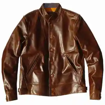 Мужская кожаная куртка, бейсбольный воротник из воловьей кожи с масляным воском, короткое приталенное винтажное мужское казачье пальто, мотоциклетное