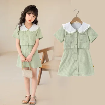 Платье принцессы для маленькой девочки, летнее детское платье для девочки 8-10 лет, кружевной воротник, милая зеленая одежда для детей