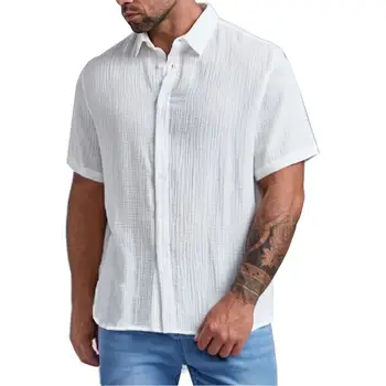 Летние Мужские рубашки, Свободные хлопковые льняные шорты с однотонными складками, Рубашка с отложным воротником и пуговицами Для мужчин, блузка, топ, Плюс Размер 4XL