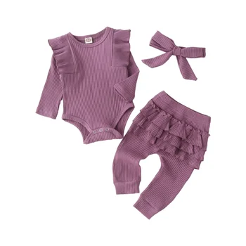 Стильный осенний комплект одежды для девочек - уютное боди с длинными рукавами, кружевные манжеты, повязка на голову и штаны в сочетании 0-18 месяцев
