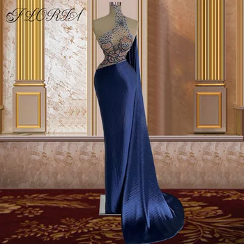 Темно-синее длинное вечернее платье с высоким воротом и прозрачными хрустальными бусинами Русалка Вечернее платье Дубай Арабский халат De Soiree