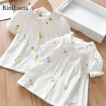 Детская блузка для девочек, весна-лето, кружевная рубашка с цветочной вышивкой, рубашка с лацканами и длинными рукавами, топы для малышей, одежда