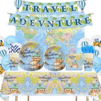 Тема выхода на пенсию путешественника, день рождения, посуда, бумажная тарелка, Бумажное полотенце, скатерть, набор для украшения воздушными шарами, принадлежности