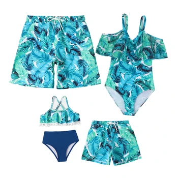 Синие семейные купальники-бикини для мамы и дочки, пляжные купальники для ванной, одежда для мамы и меня, подходящие наряды