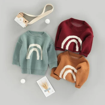 Осенний свитер для маленьких девочек и мальчиков, вязаный джемпер с круглым вырезом и длинными рукавами 
