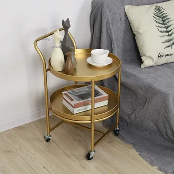 Журнальный столик для маленькой квартиры в скандинавском стиле, тележка для кухонной мебели из кованого железа, двухслойные тележки для дивана в гостиной, круглые приставные столики