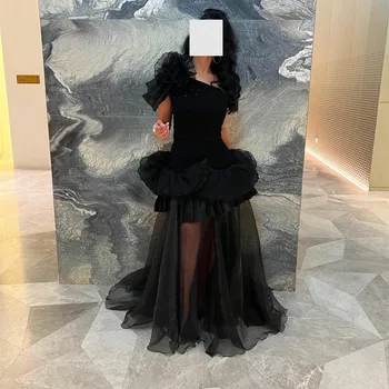 Элегантные длинные вечерние платья из черного тюля с оборками из оранжевой ткани, трапециевидной формы, длиной до пола, женское вечернее платье, халат для вечеринок