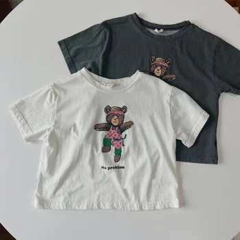Футболка Унисекс с медведем для малышей от 0 до 3 лет, Модные пуловеры с героями мультфильмов, топы для девочек, тонкая мягкая одежда для мальчиков, крутые хлопковые топы высокого качества