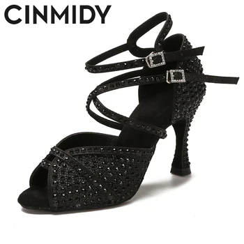 CINMIDY Женская обувь для вечеринок, Шелковый атлас, блестящие стразы, Обувь для латиноамериканских танцев с мягкой подошвой, Обувь для сальсы для девочек