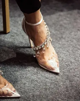 Модные женские туфли с острым носком из ПВХ, роскошные туфли-лодочки с хрустальной бахромой, Элегантные атласные женские туфли на высоком каблуке с пряжкой на щиколотке, Пикантные свадебные туфли