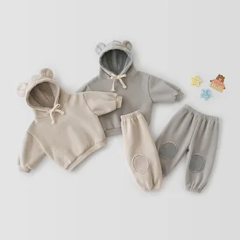 Весенне-осенний костюм из 2 предметов для маленьких мальчиков, свитер с капюшоном и медвежьими ушками, брюки, комплект одежды для маленьких девочек, комплект одежды